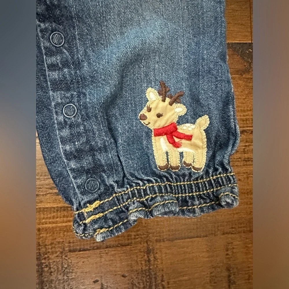 Gymboree Colorful Village Denim Overalls Ruffle Trim Reindeer Holiday Sz 12-18mo